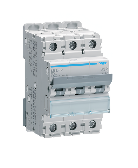 Hager MCB 3-Pole 10kA/15kA B-50A 3M (NBN350A)