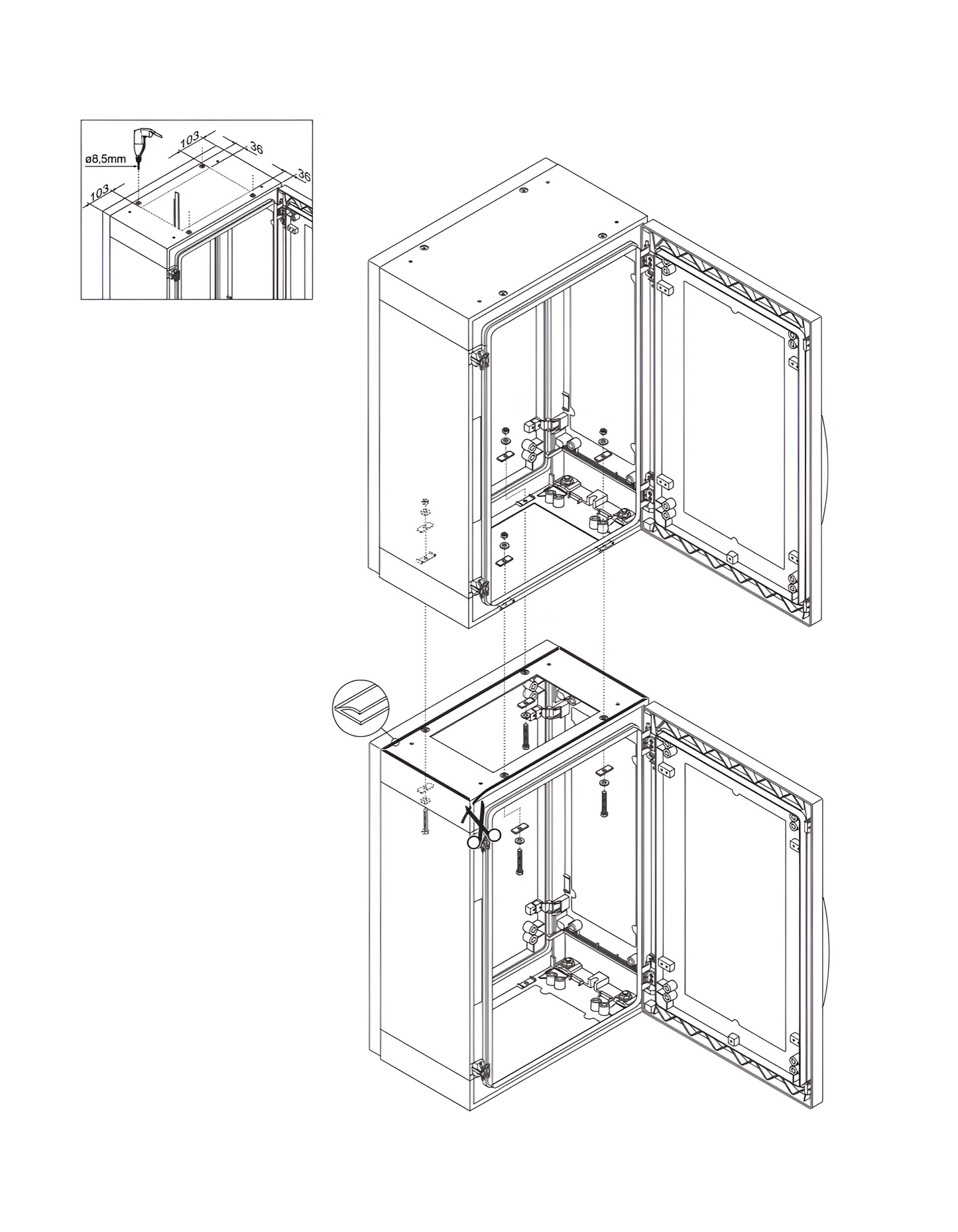 Schneider Thalassa PLA - Vertical Coupling Kit Two Enclosures on Top of one Another IP55 at the Coupling Point Kit Made up of 3.5m of Adhesive Seal and the Fixings Required for Mounting - NSYUVPLA