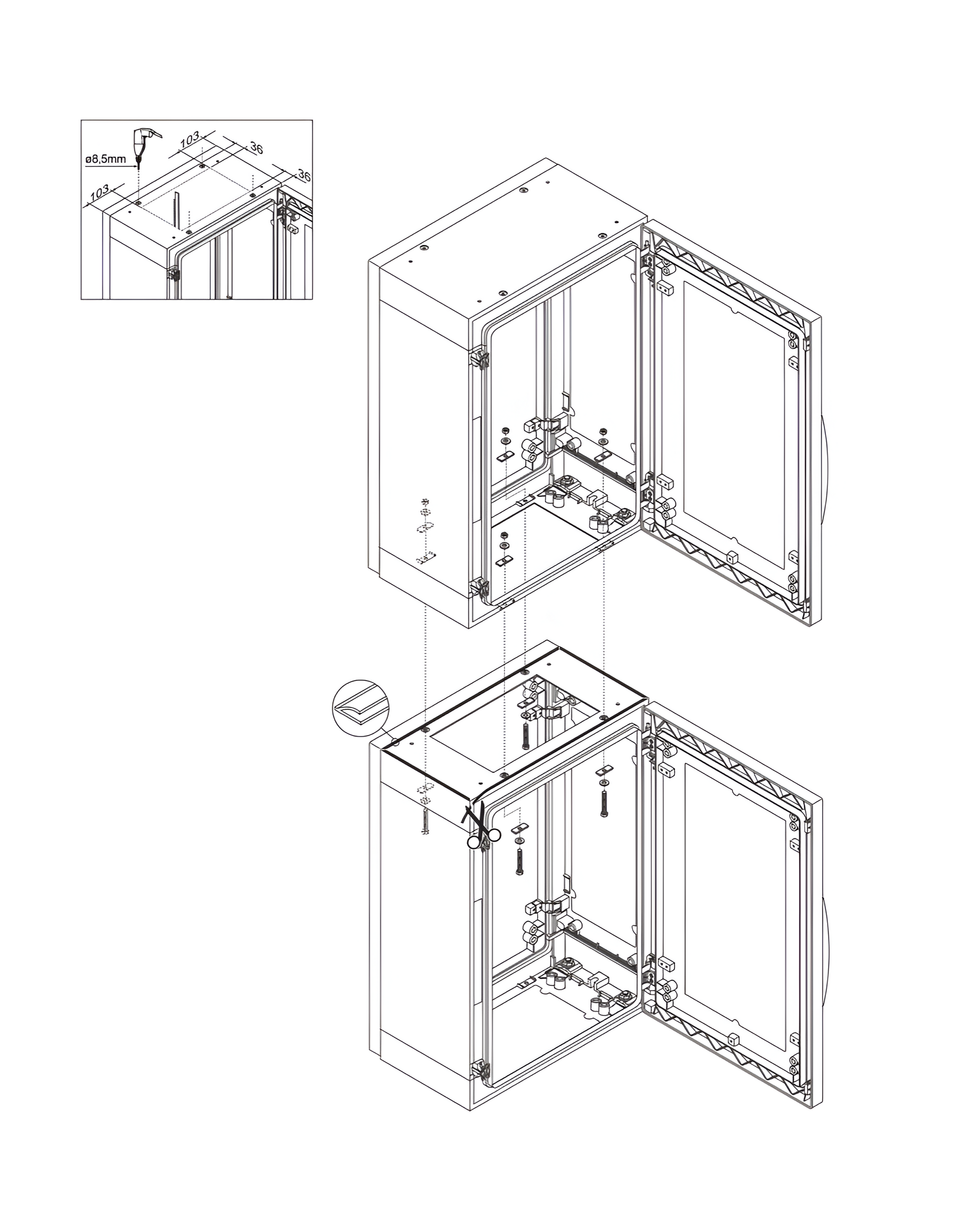 Schneider Thalassa PLA - Vertical Coupling Kit Two Enclosures on Top of one Another IP55 at the Coupling Point Kit Made up of 3.5m of Adhesive Seal and the Fixings Required for Mounting - NSYUVPLA